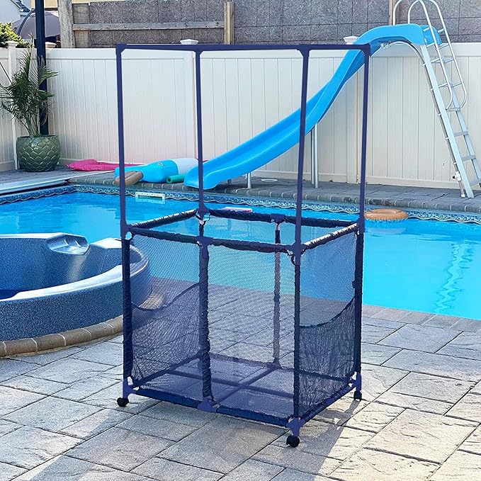 Essentially Yours Pool Equipment Holder with Towel Drying Bars, Mesh Rolling Pool Storage Organizer Bin, Extra Large with Towel Hanger, (34.5" W x 25" L x 62.6" H), Blue Style 418566