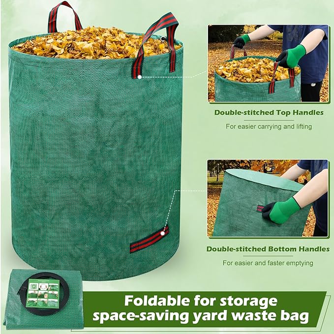 63 Gallons Lawn and Leaf Bags,Reusable Yard Waste Bags with Gardening Gloves,Heavy Duty Garden Bags with 4 Handles for Lawn Care, Camping & Recycling(3 Pack）