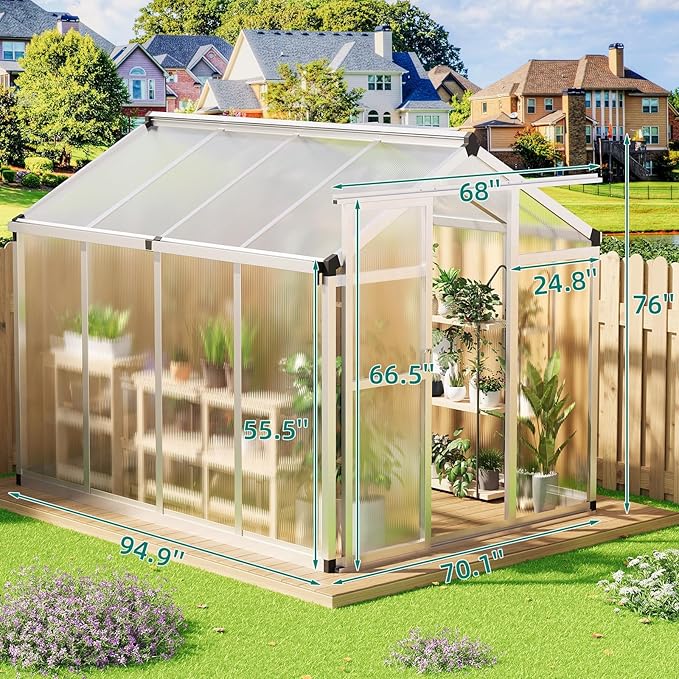 6 x 8 FT Greenhouse, Heavy-Duty Polycarbonate Large Walk-in Greenhouse Roof Vent ,Aluminum Frame & Lockable Door, for Backyard, Green Houses for Outside Garden Backyard