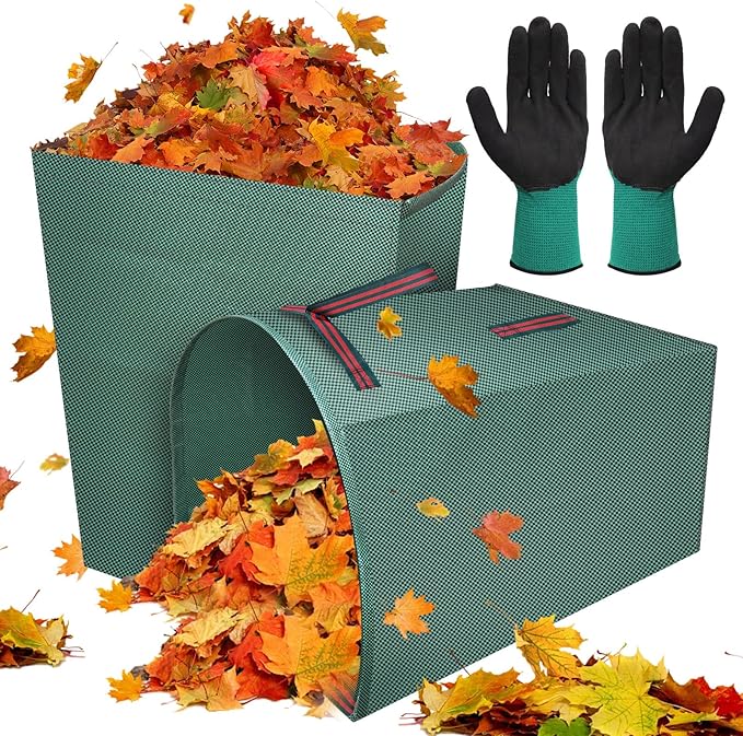 2 Packs Large Reusable Yard Waste Bags with Gloves, 53 Gallons Pletpet Garden Waste Bags Green Lawn and Leaf Bag Large Yard Dustpan-Type Garden Bag for Collecting Leaves, Fallen leaves and Waste