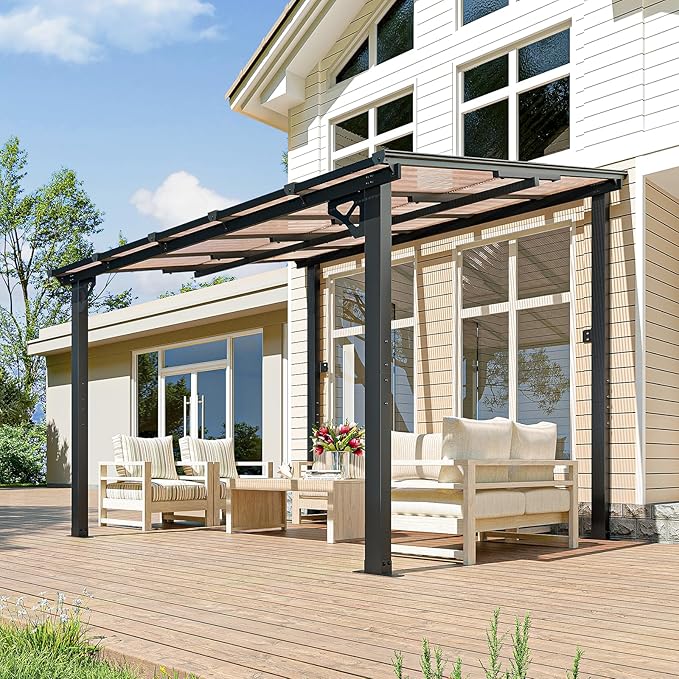 10x10FT Lean to Gazebo, Hardtop Metal Pergola with Polycarbonate Roof, Large Wall Mounted Heavy Duty Awnings, Patio Canopy for Backyard, Deck, Porch