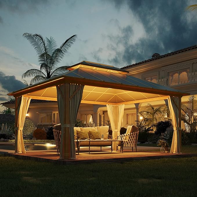12'x16' Gazebo, YOLENY Outdoor Wood Grain Hardtop Gazebos on Clearance, Aluminum Composite Double Roof with Privacy Curtain and Mosquito Net for Patio, Lawn, Garden, Deck, Gray