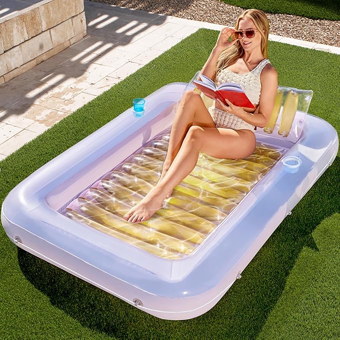 SLOOSH Inflatable Tanning Pool Lounger Float, 70" x 46" Pool Floats Adult with Pillow, 4 in 1 Suntan Tub Raft Floatie,Sunbathing Bed Lounge for Water Blow Up Kids Ball Pit Party Gifts, L-Golden White