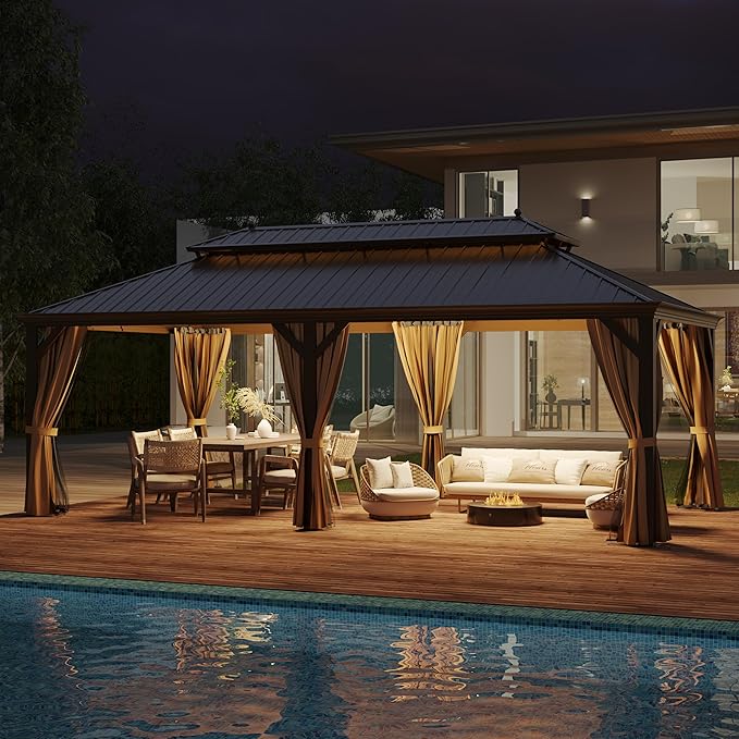12'x22' Hardtop Gazebo Outdoor Aluminum Patio Gazebo Double Roof Galvanized Steel Canopy with Netting and Curtains,for Garden, Backyard,Deck and Lawns