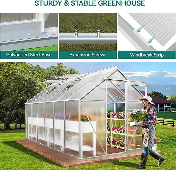YITAHOME 6X12FT Polycarbonate Greenhouse Large Heavy Duty Green Houses Outdoor Greenhouses Aluminum Sliding Doors Vent Window for Garden Backyard, Silver