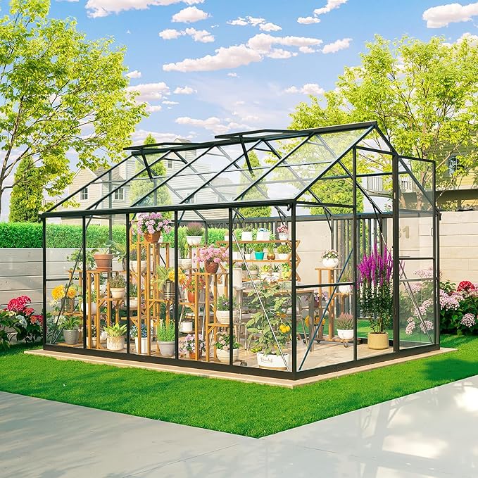 Outdoor Greenhouse, Polycarbonate Green House, Small Walk-in Greenhouse with Vented Roof Window, Windproof Aluminum Frame with Quick-Installation Structure, Suitable for Gardening