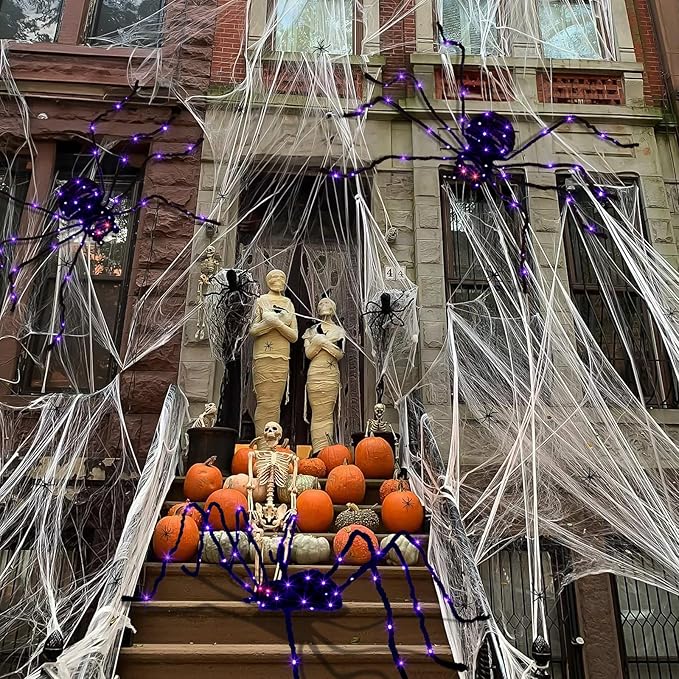 EAMBRITE Halloween Decorations Outdoor 5FT Bendable Scary Giant Spider with 83LT Purple Lights Black Fake Spider for Halloween Indoor Outdoor Yard Home Parties Creepy Décor