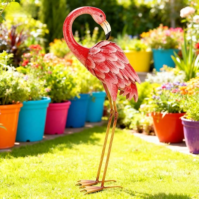Shorayn Garden Statues Flamingo Sculptures Metal Yard Art, Pink Bird Art Outdoor Backyard Decor Patio Lawn Porch Ornament Flamingo Yard Decoration