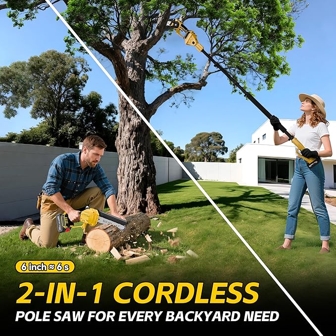 2-in-1 Cordless 6 in Pole Saw for Tree Trimming,15.5 ft Extended Reach Electric Saw with 180° Adjustable Head, Brushless Motor, 2 x 1300 Ah High-Capacity Batteries & Extra Chain