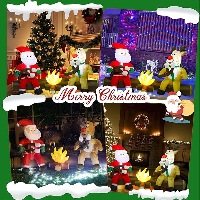 Joliyoou 7FT Christmas Inflatable Decorations, Blowup Santa and Reindeer Roasting Marshmallows Over Campfire, Lighted Xmas Inflatable for Yard Front Door Outdoor Indoor Decor