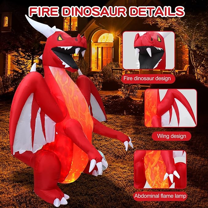 DearSun 8FT H Halloween Inflatable Dragon with Skull Next to The Foot, Blow up Dragon Inflatable with Red Flame lamp Inside Outdoor Decorations Large Party Yard Decoration