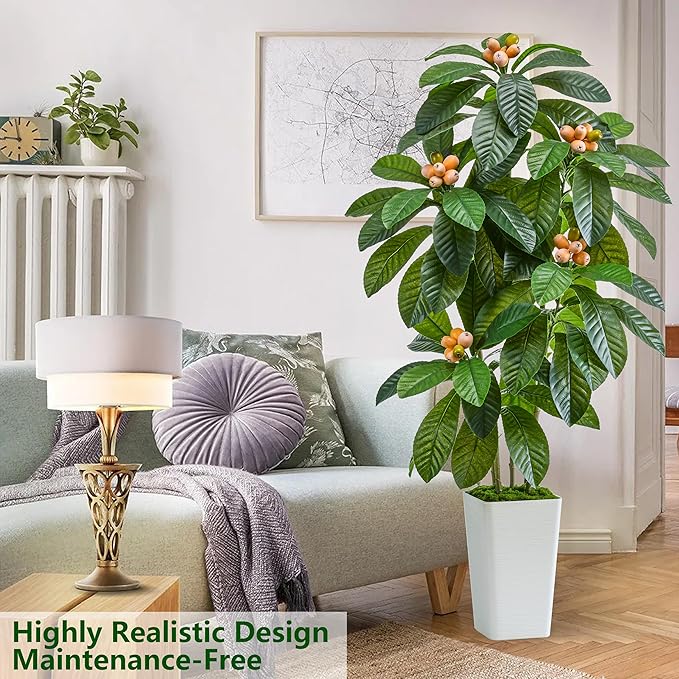 Artificial Loquat Tree 5FT Japanese Medlar Tropical Fruiting Tree Tall Artificial Plants Indoor-Loquat Tree Large Fruiting Silk Tree for Home Office Living Room Decor Indoor (White Tall Planter)