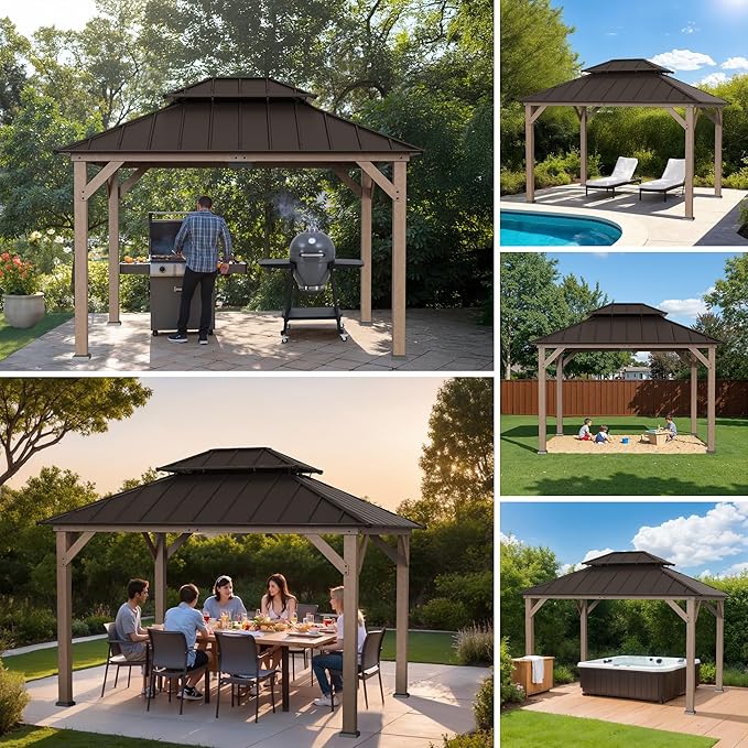 SUNJOY 10 x 12 ft. Wood Gazebo, Outdoor Patio Cedar Framed Steel Hardtop Gazebo with 2-Tier Metal Roof, Suitable for Patios, Lawn and Backyard, Dark Brown Roof + Dark Wood Frame