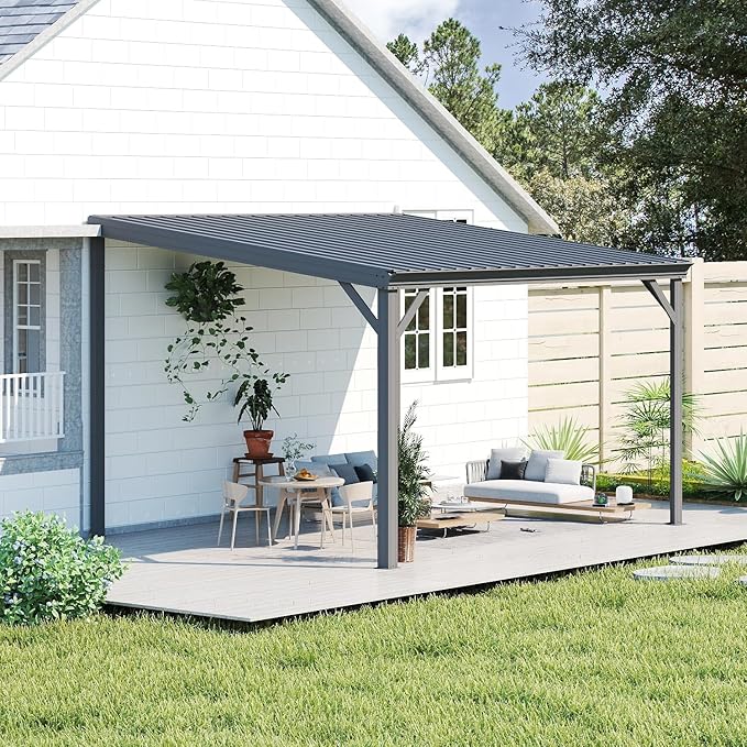 Domi 10’x12’ Wall-Mounted Hardtop Gazebo Pergola – Permanent Lean-to Outdoor Shelter with Sloped Galvanized Steel Roof & Upgraded Drainage – Grey Metal Patio Cover for Backyard, Deck, Garden