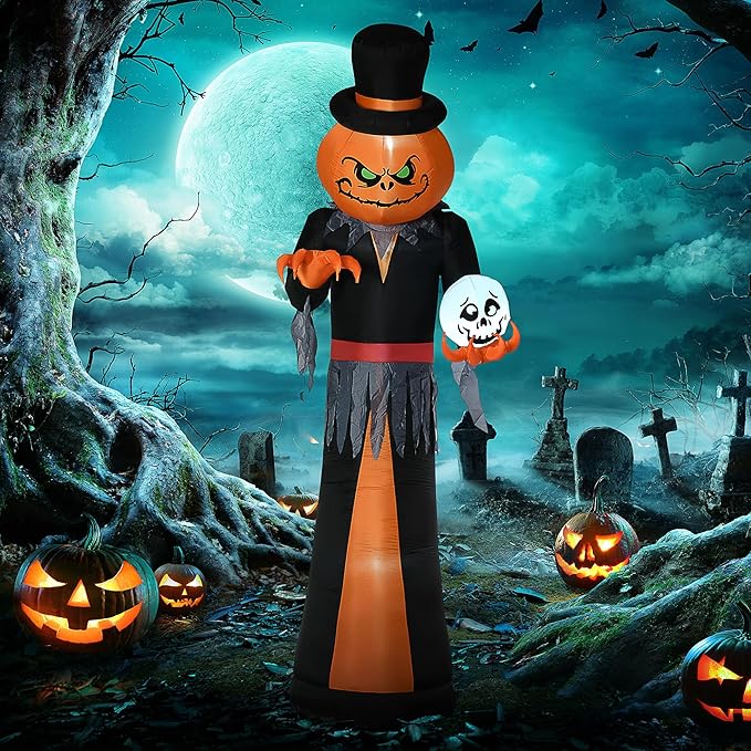 12ft Inflatable Halloween Decoration Pumpkin Reaper with Skeleton Skull, Waterproof Outdoor Decorations, Blow Up LED Yard Decor for Garden, Lawn, Party, Holiday