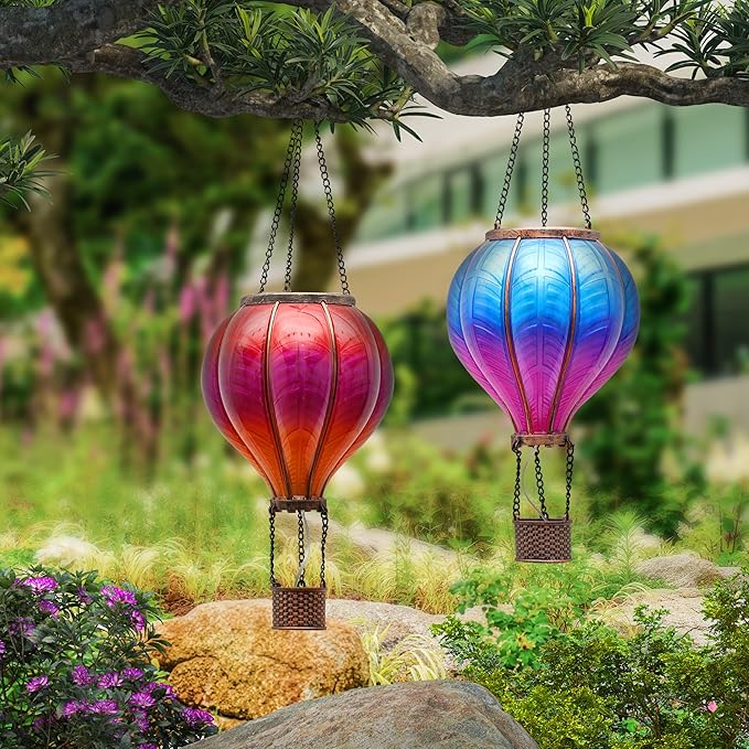 TERESA'S COLLECTIONS 2 Pcs Hot Air Balloon Solar Lantern Outdoor Garden Decor, Waterproof Hanging Solar Lantern with Flickering Flame Light for Yard Tree,Gift for Mom Lovers,18"