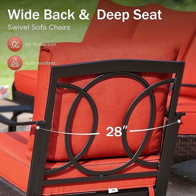 PHI VILLA Outdoor Modern Patio Furniture Set, Upgraded Wicker&Metal Patio Furniture Conversation Set with Waterproof Thick Cushions for Porch, Poolside, Deck, and Yard (5 Pieces,Red)