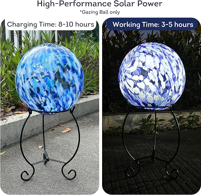 Lily's Home Gazing Ball - 10" Glass Globe with Solar Powered Lights - Outdoor Solar Lights for Yard & Patio - Garden Decor - Automatic On/Off Photosensitive Switch - Battery Included