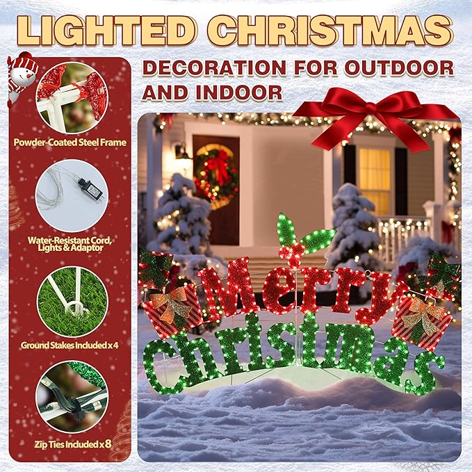 VEIKOU 6FT Merry Christmas Sign, Lighted Outdoor Christmas Decorations with 456 LED Lights, 5-Meter Power Cord, Xmas Decorations Outside for Holiday Backyard Party