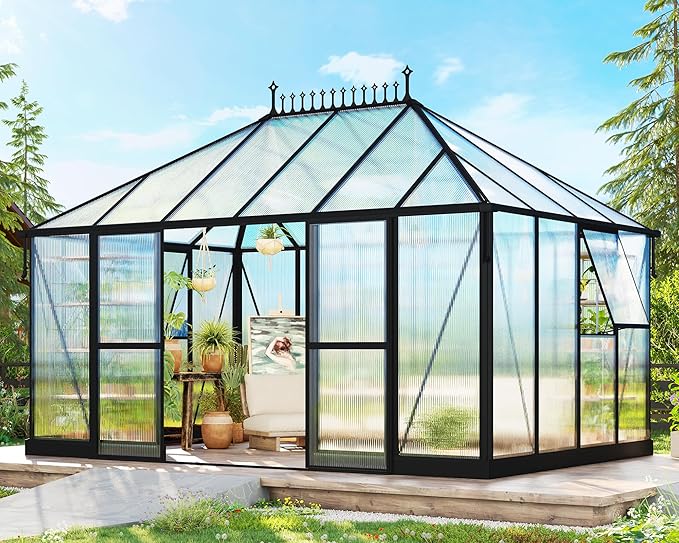 14×9.7×10 FT Greenhouse for Outdoors with 6 ft Double Swing Door & 2 Vents, Heavy Duty Green House with Aluminum Frame for Outside Patio Backyard Garden