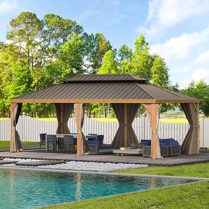 Domi 14'x24' Hardtop Gazebo Canopy,Outdoor Aluminum Gazebo with Galvanized Steel Double Roof, Extra Large Permanent Gazebo Pavilion for Patio Deck Backyard,Curtain and Netting,Wood Grain