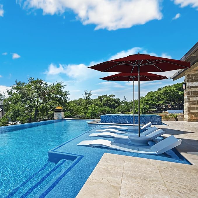Midtown Umbrellas The Wooden 10 Feet Patio Umbrella With Sunbrella Burgundy Acrylic Fabric - Aluminum Frame Market Umbrella For Backyard, Deck, Garden, Pool - Wooden Pole