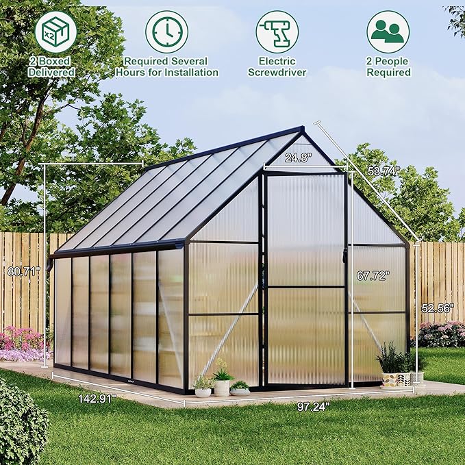 8'x12' Aluminum-Framed Polycarbonate Greenhouse, Heavy Duty Polycarbonate Greenhouse with Quick Setup Structure and Roof Vent, Large Enhanced Aluminum GreenhouseKit for Outdoors