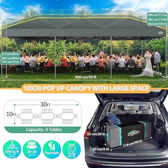 COBIZI 10x30 Pop Up Canopy Tent with Air Vent EZ Pop Up Party 10x30 Canopy Tent Waterproof and UPF50+,Outdoor Canopy Tent for Parties Wedding Events,with Roller Bag, Sandbags(Gray