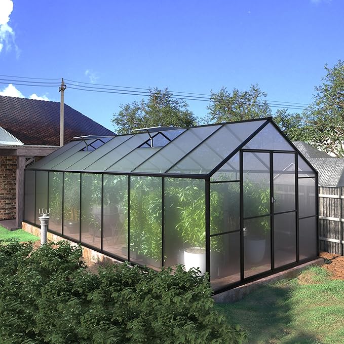 MUPATER 8 x16 FT Outdoor Walk-in Backyard Green House Kit with Sliding Lockable Door for Outdoor, Polycarbonate Greenhouse with Aluminum Frame & Adjustable Roof Vent, Garden, Patio, Lawn, Gray