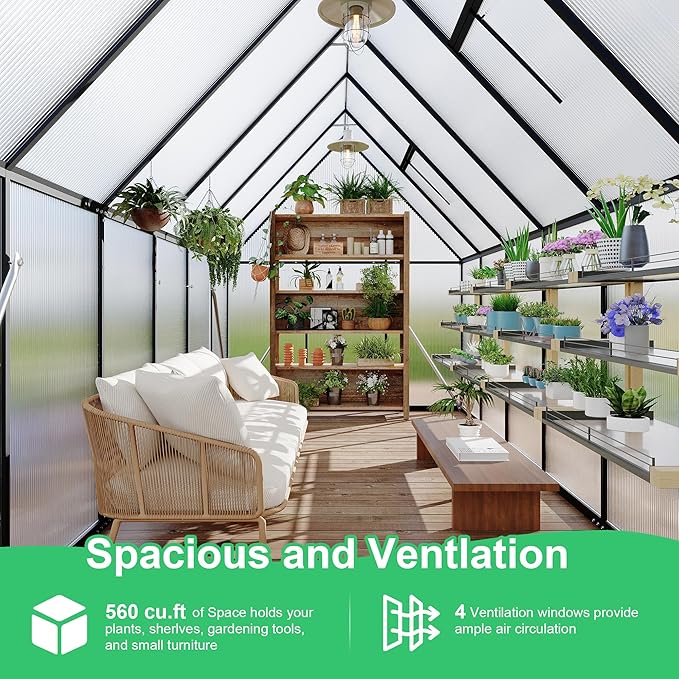 6x11 ft Aluminum Large Walk-in Greenhouses for Outside, Polycarbonate Greenhouse with Aluminum Frame, Greenhouse with Ventilation and Rain Gutter, Polycarbonate Greenhouses for Outdoors