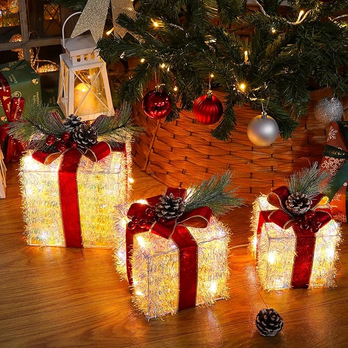 Set of 3 Christmas Lighted Gift Boxes Plug-in 60 Led Light Up Boxes Ornaments for Christmas Decorations Indoor Outdoor Home Yard Xmas Tree Holiday Party Lawn Porch (Tinsel)