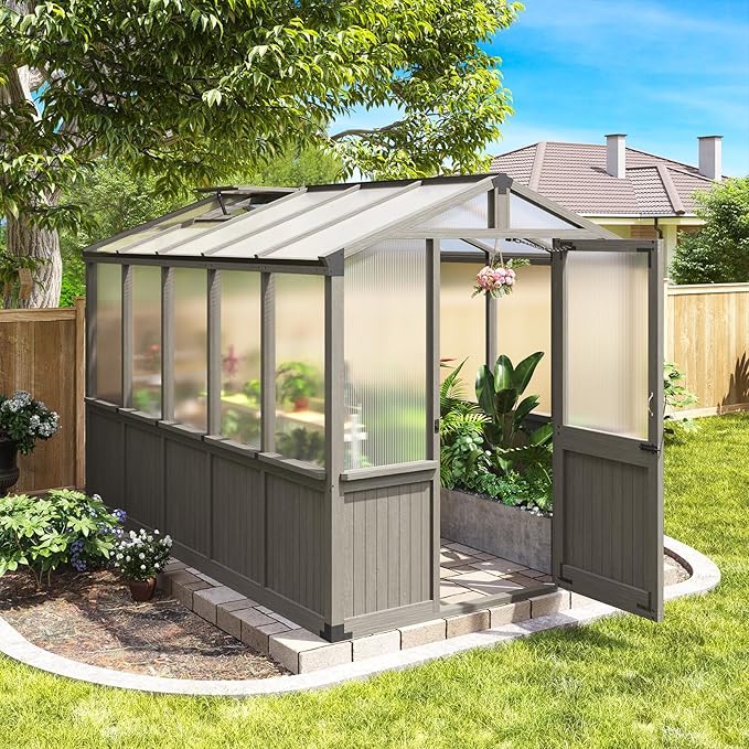 Aoxun 6x10 FT Wood Green House for Outdoors, Polycarbonate Panel Wooden Walk-in Greenhouse Kit with Automatic Temperature Control Roof Vent and Lockable Door, for Outside Backyard Garden, Gray
