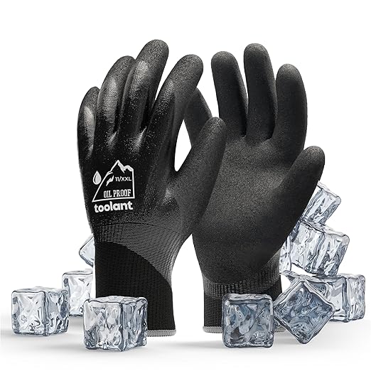 Waterproof Gloves for Men and Women, Freezer Gloves with Grip, Double Nitrile Dipped for Extreme Oil Repellent, for Construction, Mechanics, Mining, Plumbing, Black, XX-Large