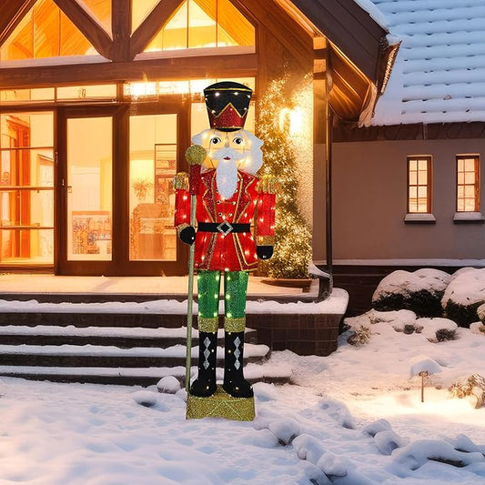 VEIKOU 5.9 FT Lighted Christmas Nutcracker Decoration with Scepter, Outdoor Nutcracker Soldier Christmas Yard Decor with 100 LED Lights, Ground Stakes and Zip Ties, Xmas Holiday Display for Outside