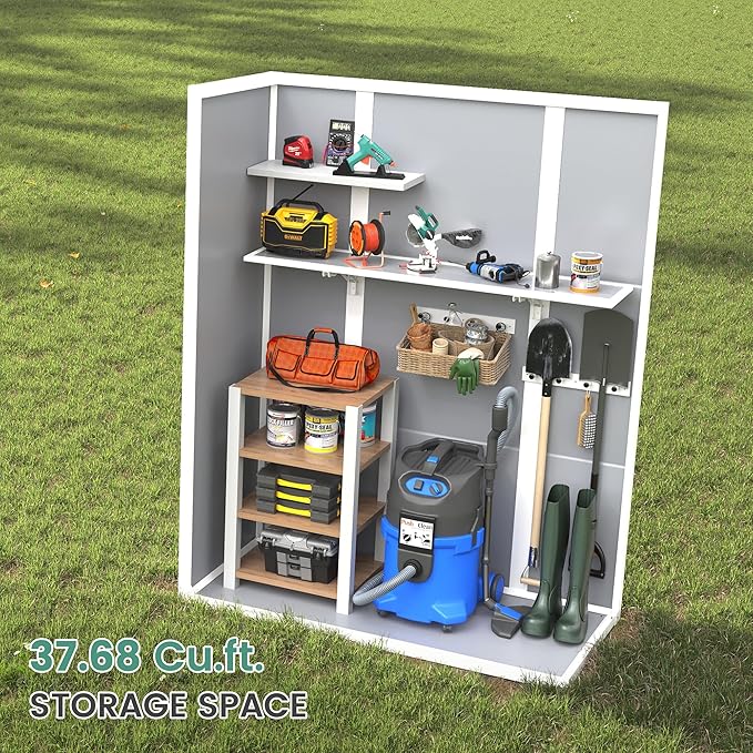UDPATIO 38 Cu.ft Resin Outdoor Storage Shed with Floor, Vertical Plastic Tool Shed with Shelving Brackets for Backyard Pool Lawn Garden, Grey
