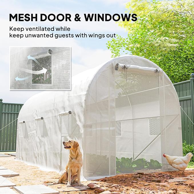 Outsunny 14.6'x6.5'x6.6' Hoop House Greenhouse with 2 Support Rods, Zippered Roll-up Mesh Door, Mesh Windows, Walk-in Tunnel Greenhouse with PE Cover, Galvanized Steel Frame, Outdoor Garden, White