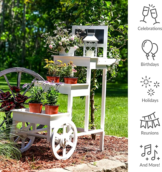 Sunnydaze 3-Tiered Flower Cart Display Stand with Wheels - Flower Display Stand or Planter - Wooden Cart with Chalkboard - White