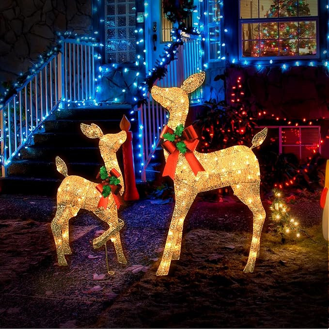 38in Christmas Deer Set Decoration for Outdoor Yard 2pc Deers, Lighted up Reindeer Outdoor Decor Champagne Gold Christmas Doe Fawn with Bow, for Christmas Tree Porch Holiday Display