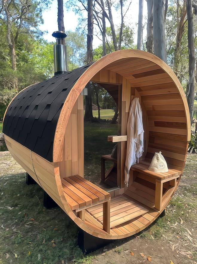 Barrel Sauna, Canadian Red Cedar Outdoor Sauna 4-6 Person,15KW Wood Burning Saunas Stove, Half Glass Window, Triple Waterproof System for Garden, Patio