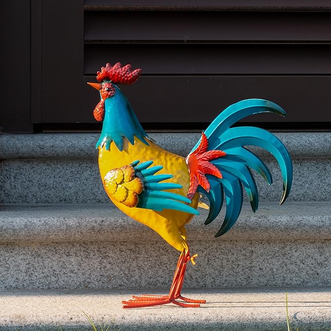 Natelf Rooster Garden Statues Outdoor Decor Metal Chicken Sculpture, Yard Art for Patio, Porch, Backyard-Rustic Farmhouse Decoration Unique Gifts for Mom, Grandma, Garden Lovers