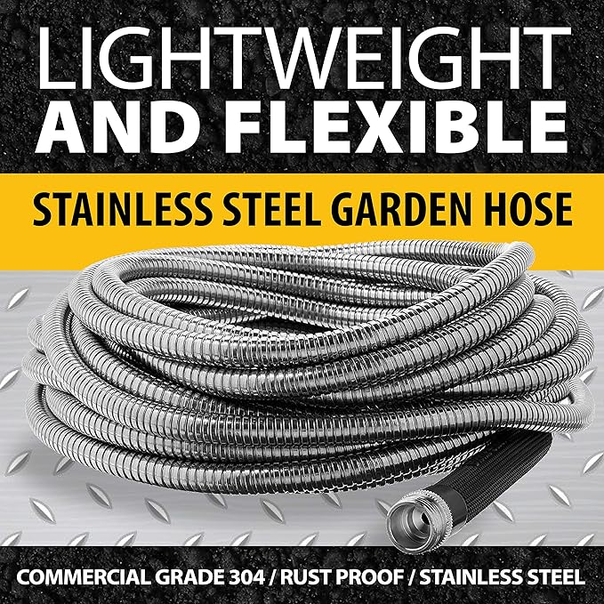 BIONIC STEEL 50 Ft Metal Garden Hose with Sprayer Nozzle, Non Kinking Designed Stainless Steel Heavy Duty Water Hose 50Ft x 5/8 in. Ultra Flexible NON Expandable for Uninterrupted Water Flow, 500 PSI