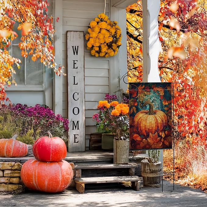 Garden Flags, Garden Flag, Stained Glass Style Pumpkin Maple Leaf Double-Sided Flags for Farmhouse Yard Outdoor Decoration-12 x 18inch (Pumpkin-4)