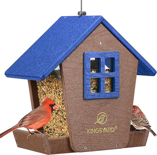 Kingsyard Large Bird Feeder House for Outdoors Hanging, Recycled Plastic Cardinal Bird Feeder with Weatherproof Roof & Seed Tray for Finch Bluebird, Large Capacity 4 lbs, Garden Yard Outside Decor