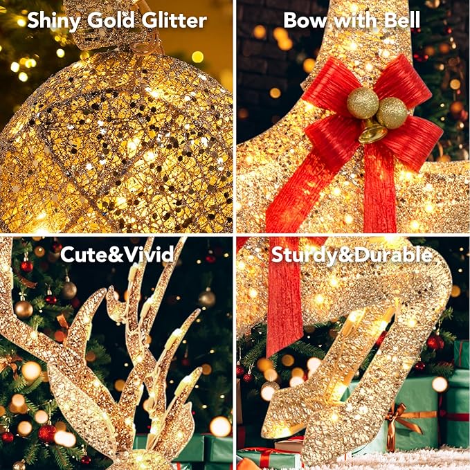 NALONE 4.7 FT Large 3 Pieces Lighted Reindeer Christmas Decoration with 210 Warm White LED Lights, Pre-lit 3D Christmas Deer Family Set Decor Outdoor Yard with Stakes, Bow Ties, Mat