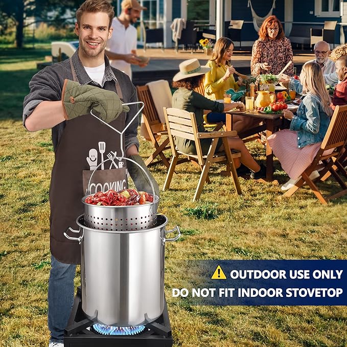 ARC 40QT Seafood Boiling Kit, 200,000BTU Propane Burner Stainless Steel Crawfish Boil Pot w/Basket and Steamer Rack, For Outdoors Cooking and Steaming, Large Turkey Fryer Pot, Lobster Shrimp Pot