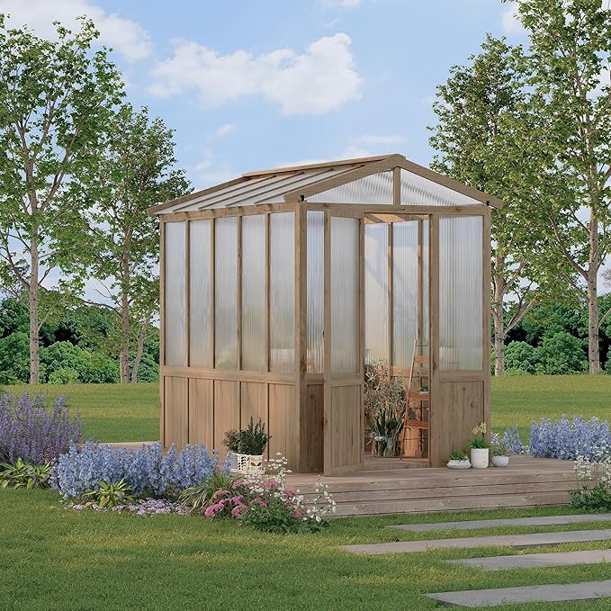6x8FT Wooden Greenhouse with Cedar Frame, Outdoor Wood Greenhouses with Roof Vent, Wood and Polycarbonate Walk-in Greenhouse