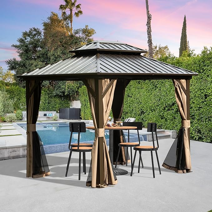 Domi 8' x 10' Hardtop Gazebo Permanent Metal Gazebo with Galvanized Steel Double Roof, Curtains and Netting for Party, Wedding, Outdoor Dining, Patio, Backyard, Brown