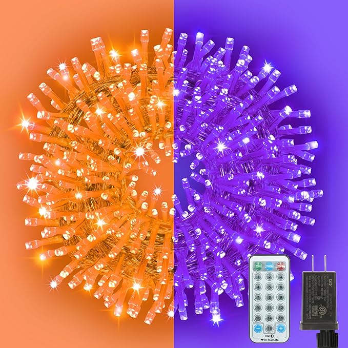 33ft Halloween Decorative Mini Lights, 100 LED Transparent Wire Fairy Starry String Lights Plug in, 12 Lighting Modes, for Halloween Decoration Outdoor Party Decoration (Orange and Purple)