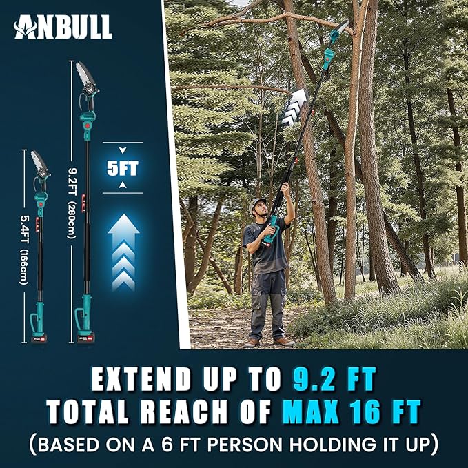 Anbull 2-IN-1 Cordless Pole Saw & 6 Inch Brushless Mini Chainsaw with 2x 4.0Ah Battery, Electric Pole Saws for Tree Trimming, with 15.5ft Max Extension Pole for Tree Branches Wood Cutting