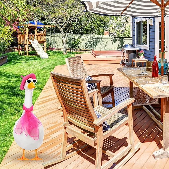 Yaomiao 3 Pcs French Porch Goose Outfit Set for 23'' 17'' Cement Plastic Lawn Goose Costume 50s French Beret Hat for Statue Halloween Carnival Statue Decor(Hot Pink)